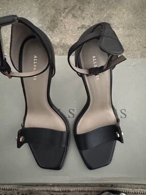 All Saints Black Leather Square-Toe Ankle Strap Heels